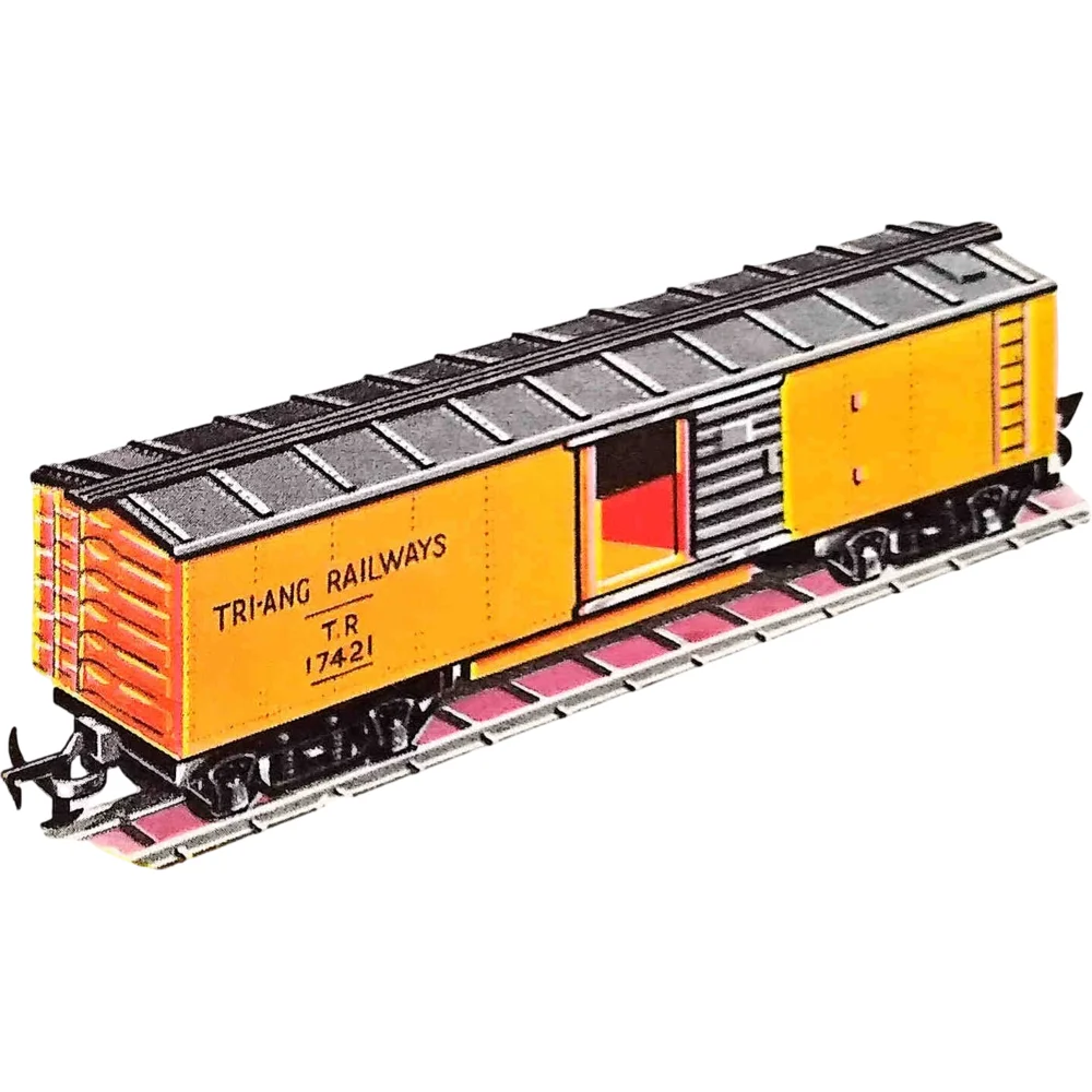 Freelance Transcontinental Box Car Tri-ang (Yellow) — Catalogue Scan by Tri-ang