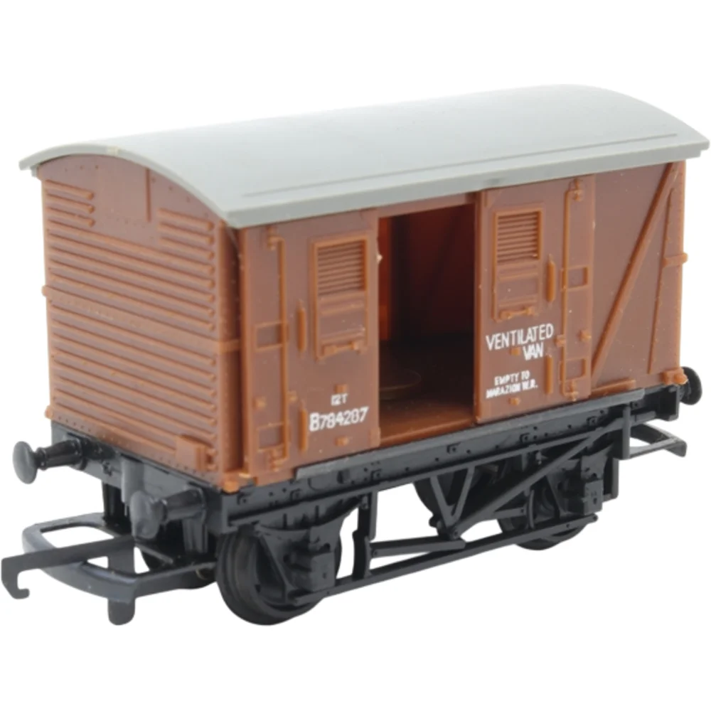 British Railways 12t Plywood Ventilated Van British Railways (Brown) — Left Front Three Quarter View by Tri-ang